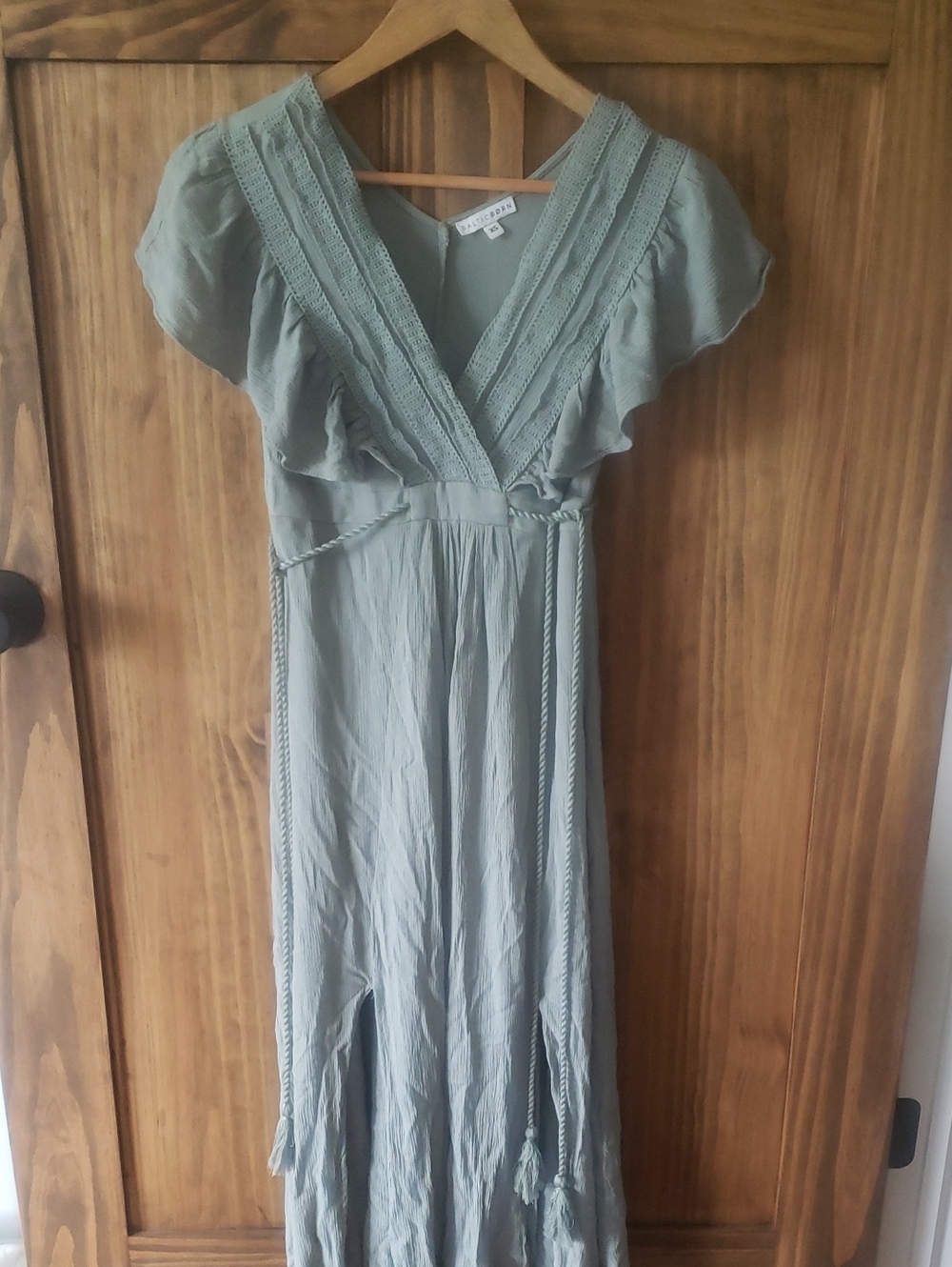 Baltic Born Sage Green V-Neck Maxi Dress with Tassel Waist